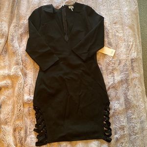 TOBI black dress with V neck and strappy thigh cut outs size M new with tags